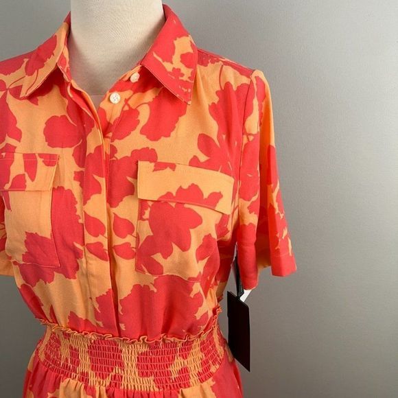 NWT HALOGEN X ATLANTIC-PACIFIC Orange Pink Floral‎ Smocked Utility Dress Coral - Picture 4 of 10